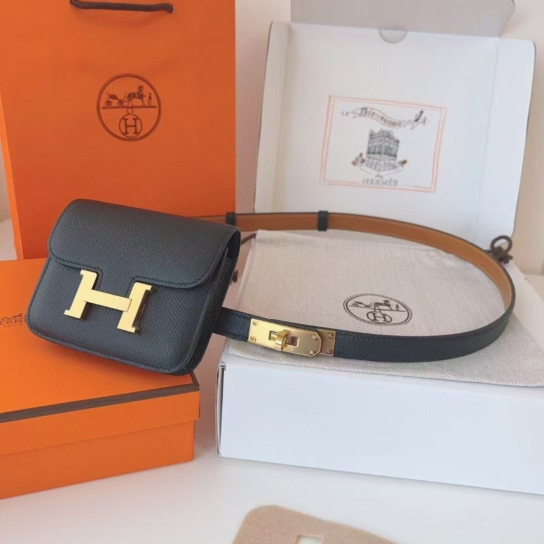 HERMES KELLY CONSTANCE SLIM WALLET BELT IN BLACK CALFSKIN GOLD HARDWARE