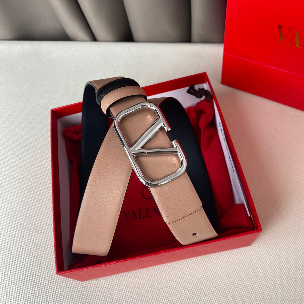VALENTINO REVERSIBLE VLOGO SIGNATURE BELT IN GLOSSY BEIGE BLACK CALFSKIN SHW 30 MM