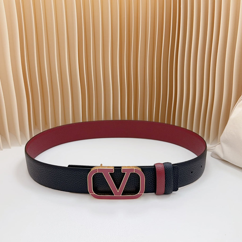 VALENTINO Vlogo Wine Gold Buckle Belt 40mm Wine Black Leather