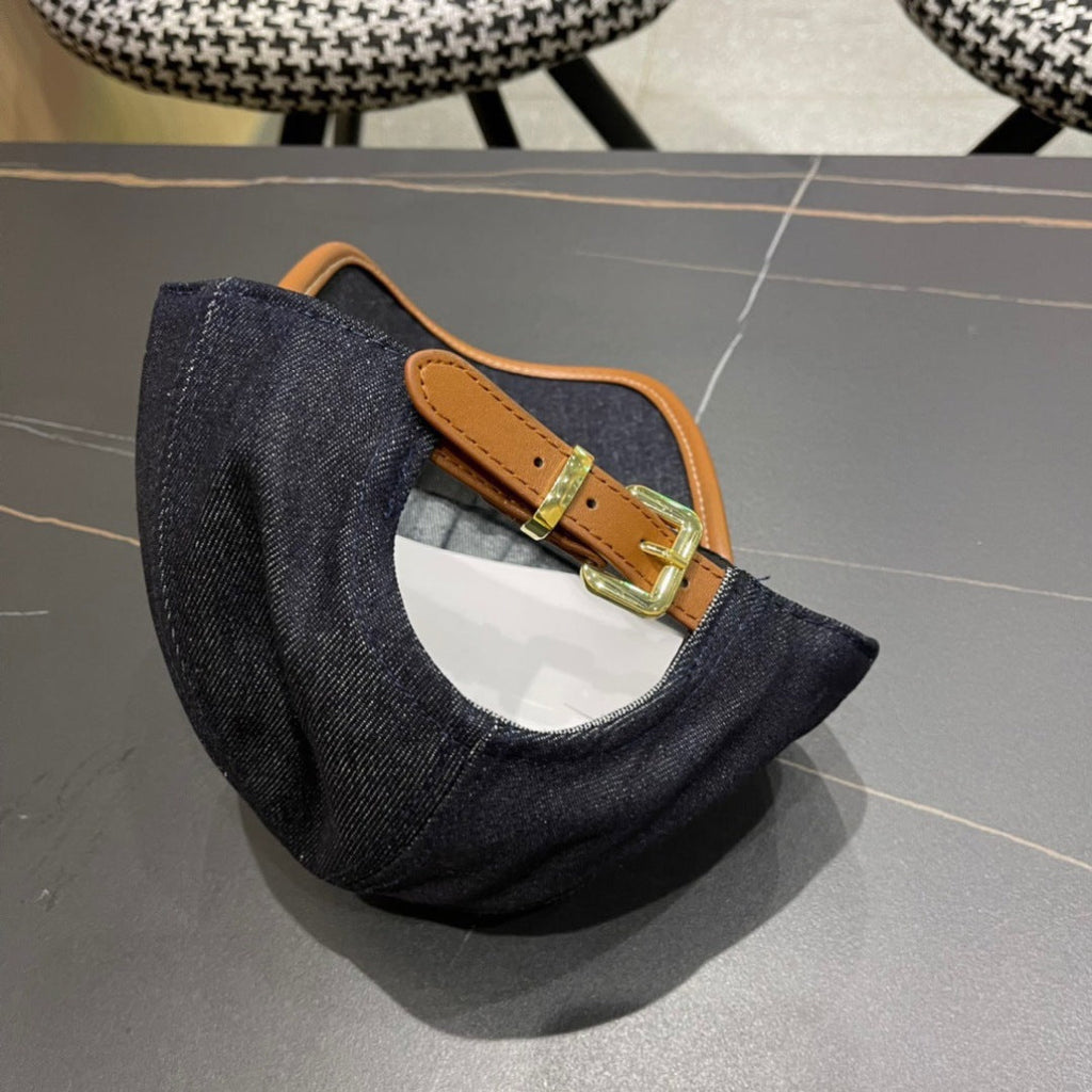 MIU MIU MM BASEBALL CAP IN NAVY BLUE DENIM AND CALFSKIN
