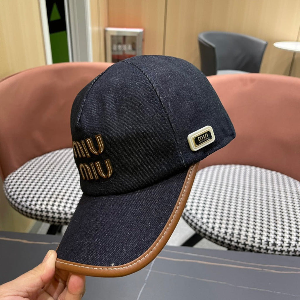MIU MIU MM BASEBALL CAP IN NAVY BLUE DENIM AND CALFSKIN