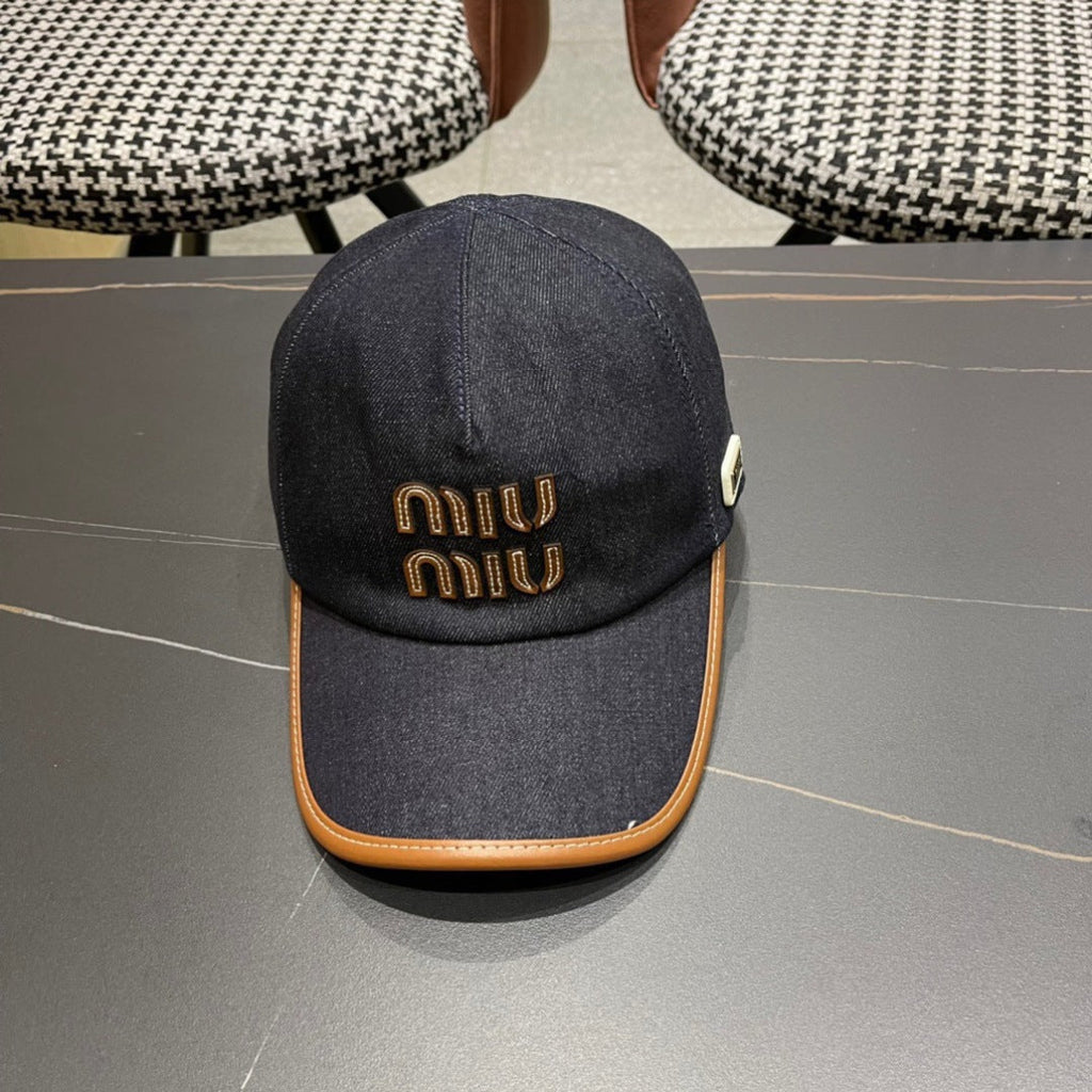MIU MIU MM BASEBALL CAP IN NAVY BLUE DENIM AND CALFSKIN