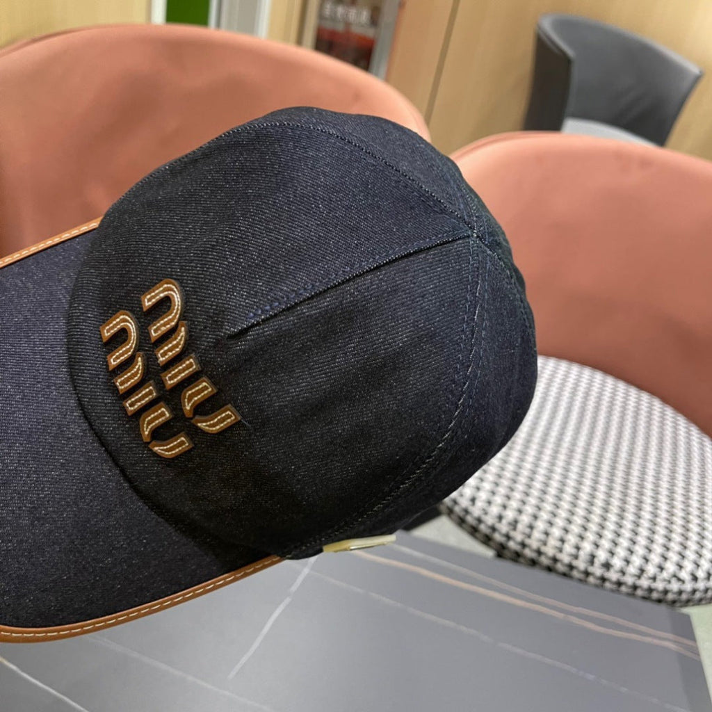 MIU MIU MM BASEBALL CAP IN NAVY BLUE DENIM AND CALFSKIN