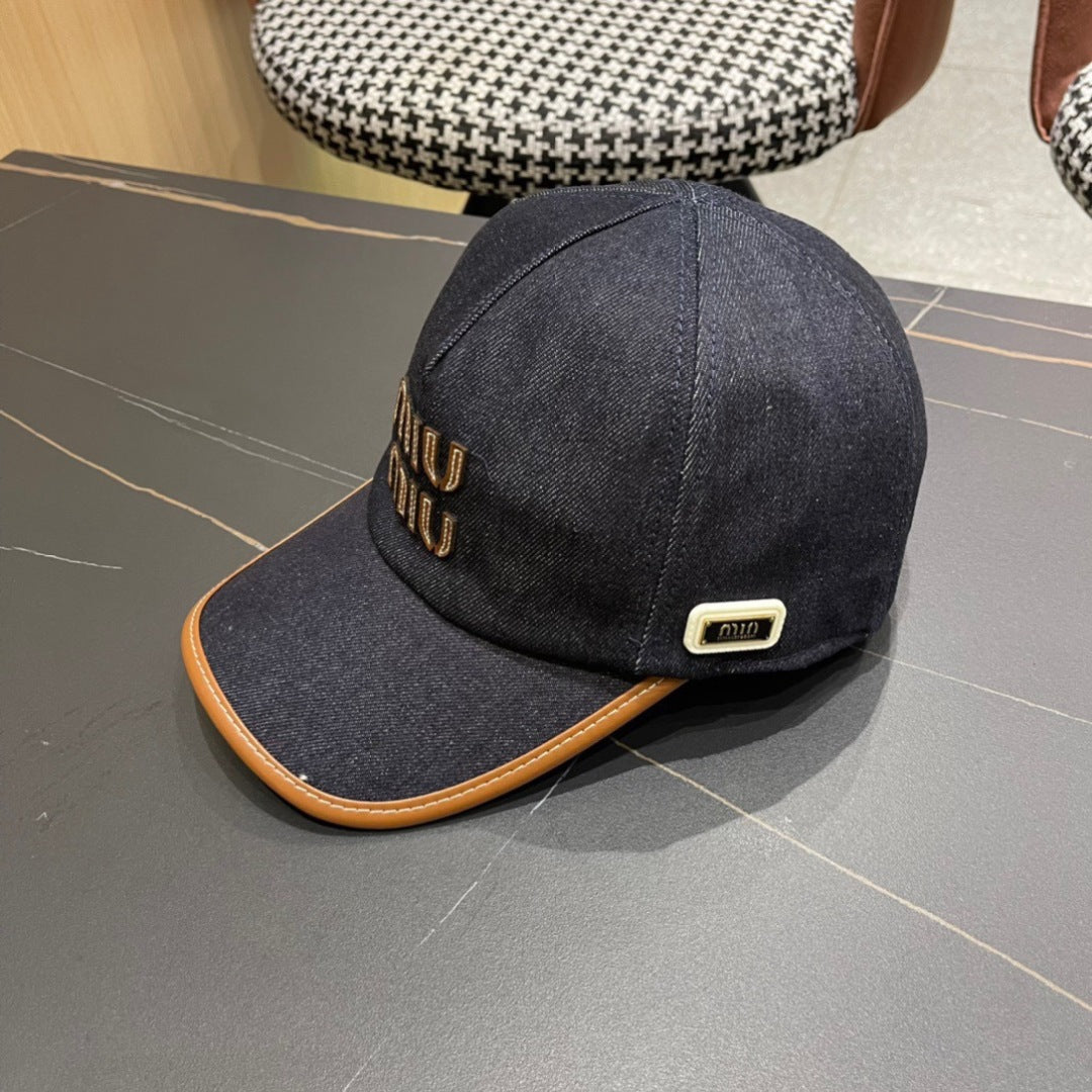 MIU MIU MM BASEBALL CAP IN NAVY BLUE DENIM AND CALFSKIN