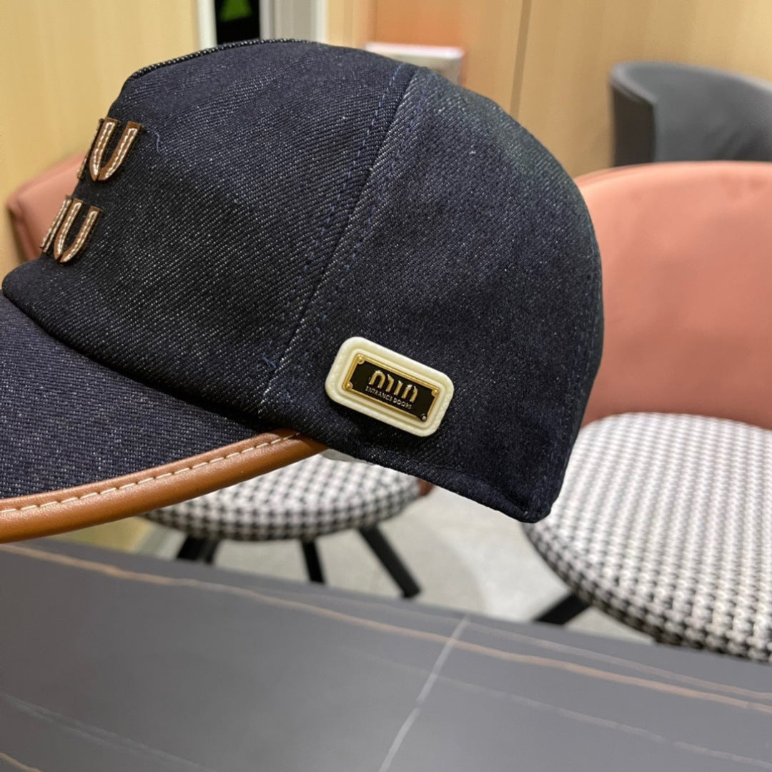 MIU MIU MM BASEBALL CAP IN NAVY BLUE DENIM AND CALFSKIN
