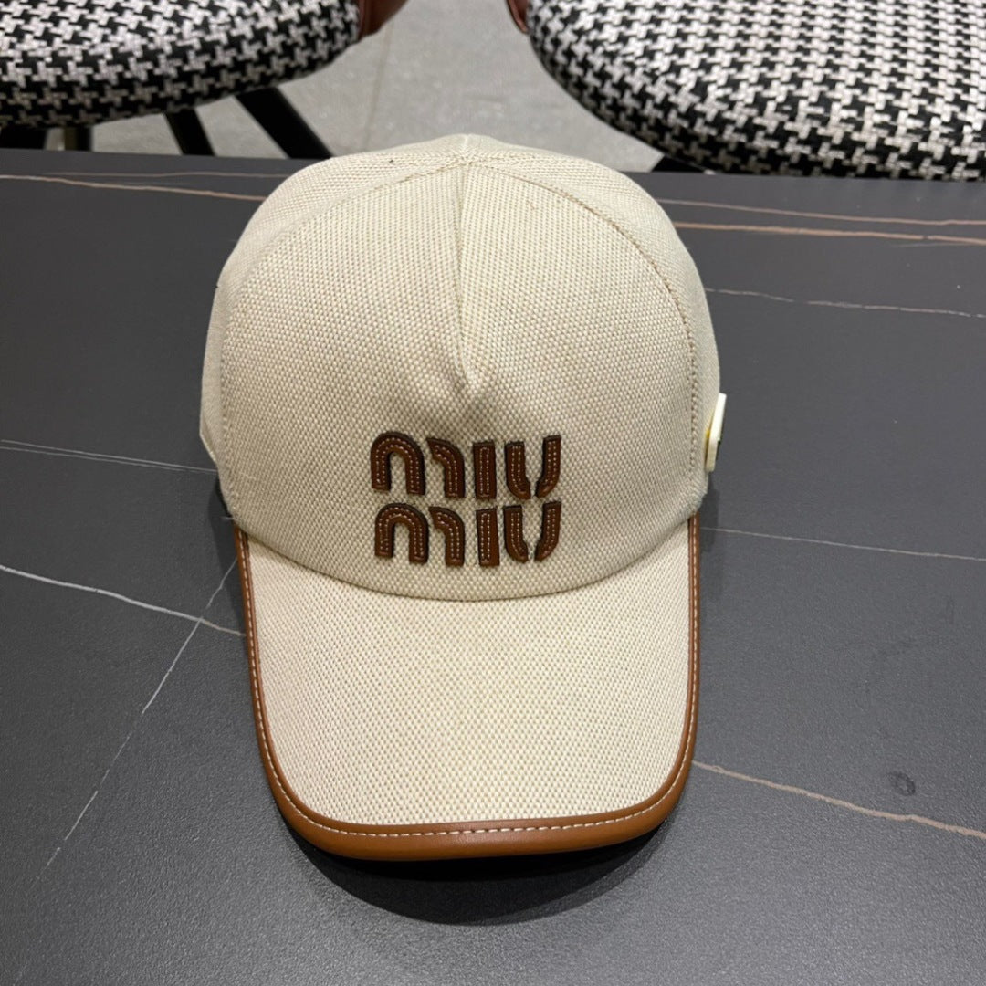 MIU MIU MM BASEBALL CAP IN LIGHT BEIGE FABRIC AND CALFSKIN