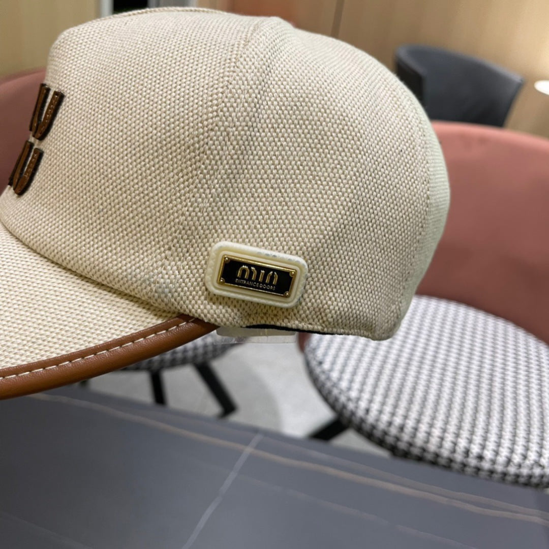 MIU MIU MM BASEBALL CAP IN LIGHT BEIGE FABRIC AND CALFSKIN