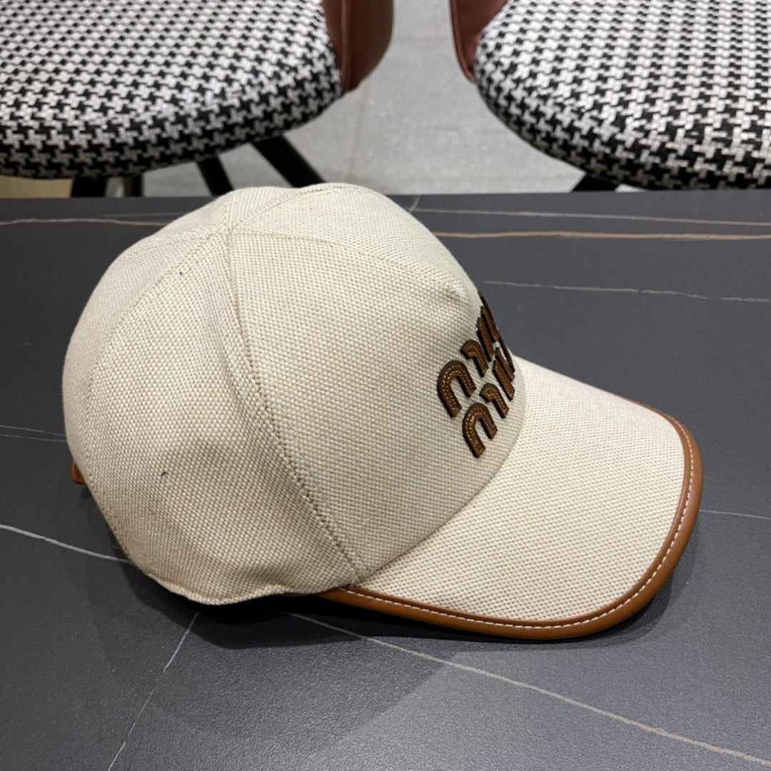 MIU MIU MM BASEBALL CAP IN LIGHT BEIGE FABRIC AND CALFSKIN
