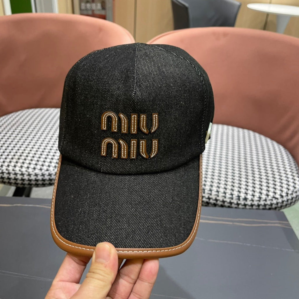 MIU MIU MM BASEBALL CAP IN BLACK DENIM AND CALFSKIN