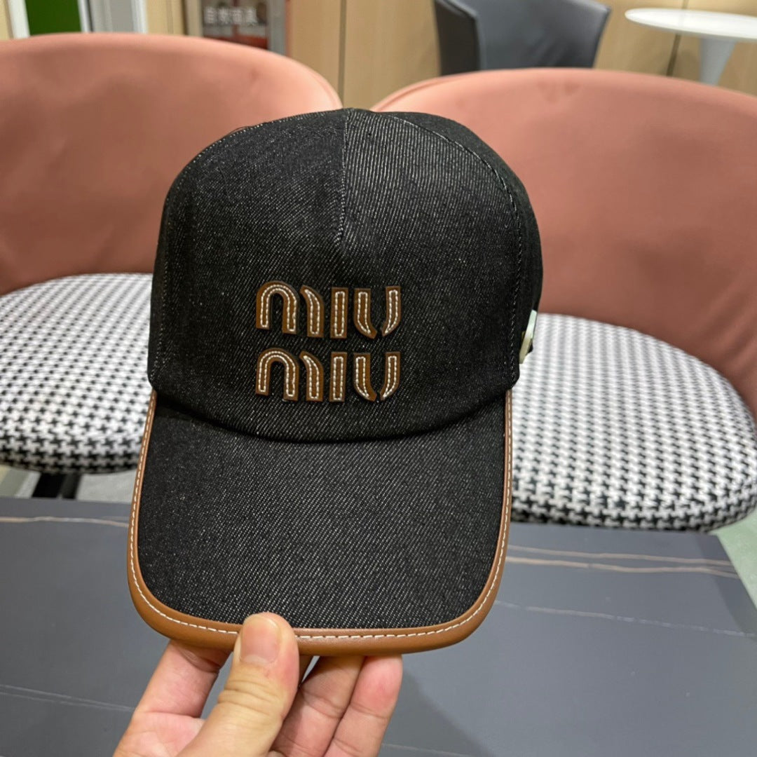 MIU MIU MM BASEBALL CAP IN BLACK DENIM AND CALFSKIN