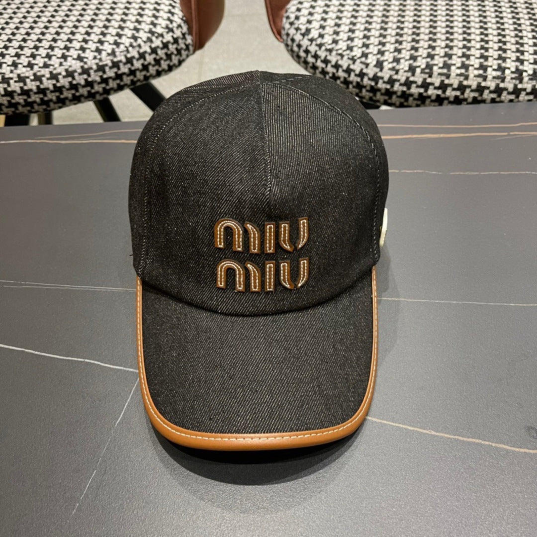 MIU MIU MM BASEBALL CAP IN BLACK DENIM AND CALFSKIN