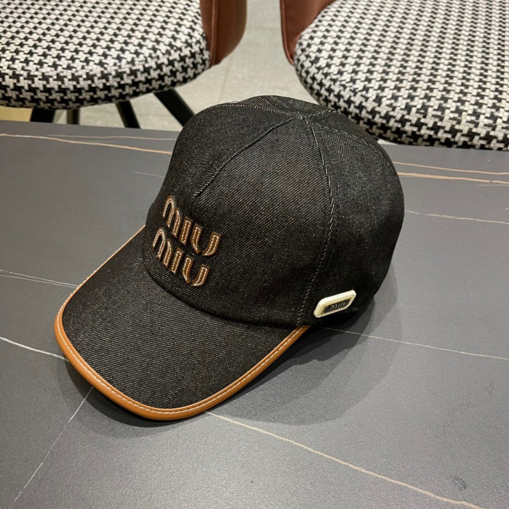MIU MIU MM BASEBALL CAP IN BLACK DENIM AND CALFSKIN