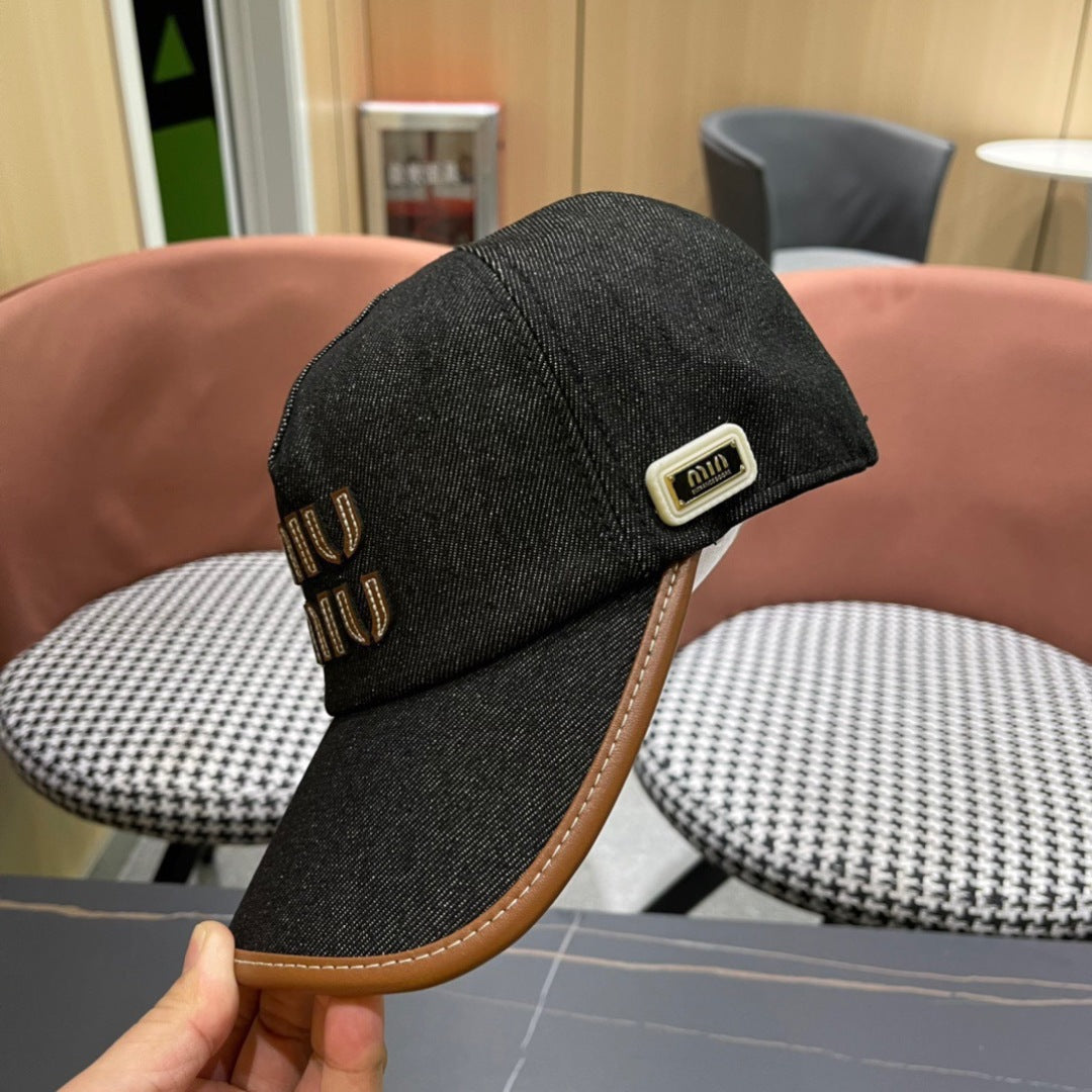 MIU MIU MM BASEBALL CAP IN BLACK DENIM AND CALFSKIN