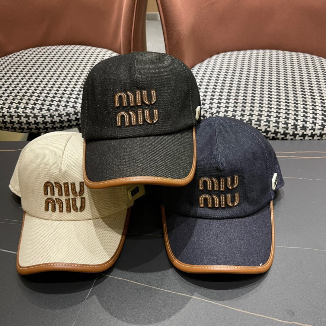 MIU MIU MM BASEBALL CAP IN BLACK DENIM AND CALFSKIN