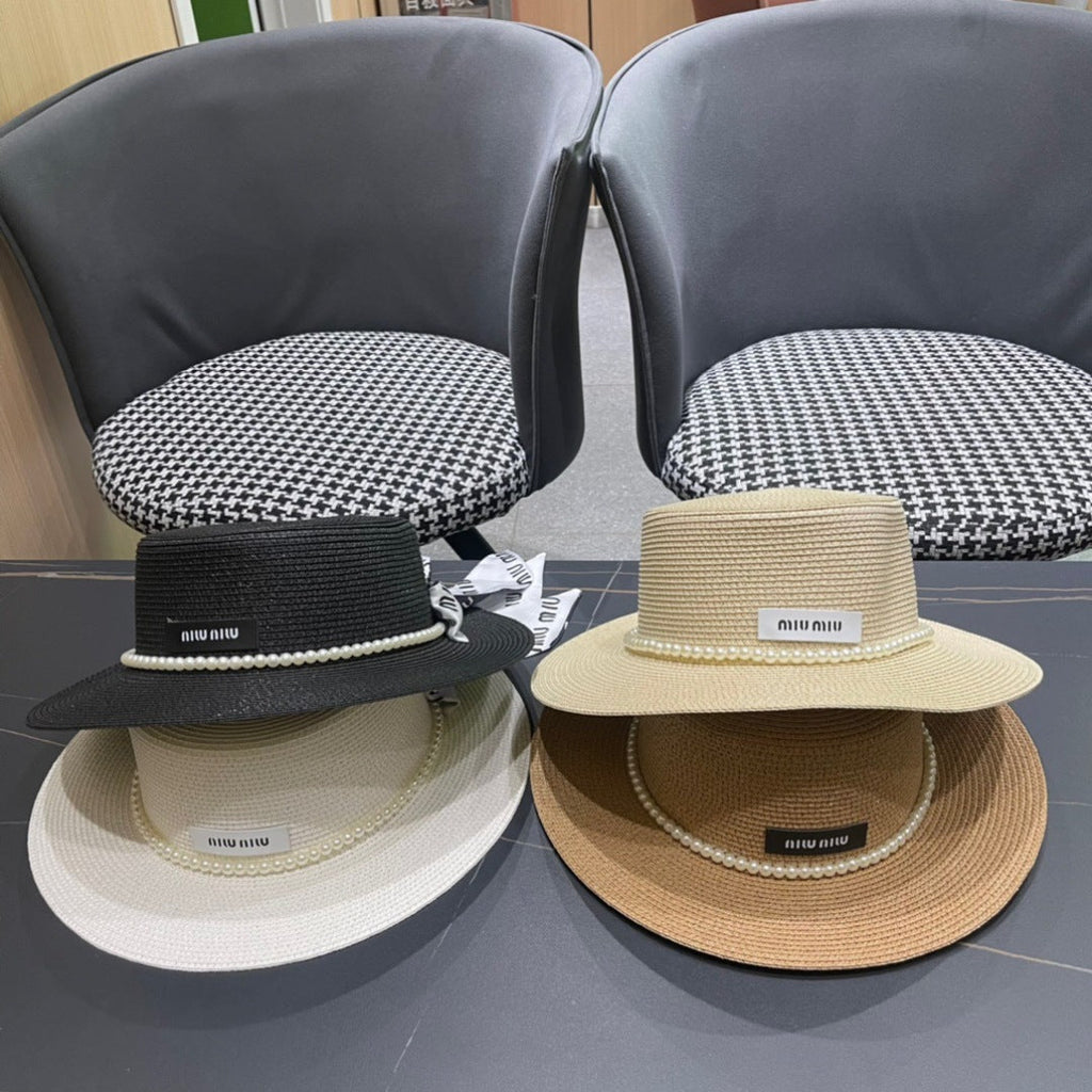 MIU MIU MM SMALL-BRIM STRAW HAT IN BLACK AND PEARL EMBELLISHED