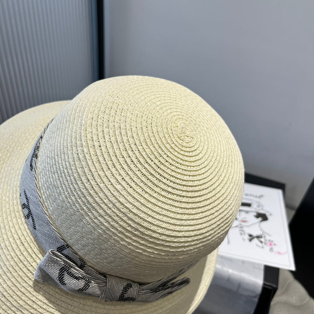 CHANEL STRAW BUCKET HAT IN IVORY WITH RIBBON BOW 673977