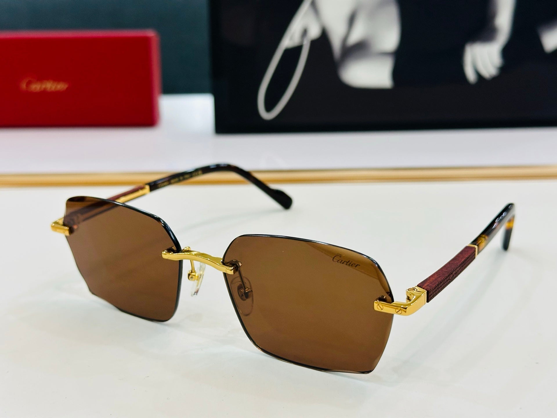 CARTIER SIGNATURE RECTANGULAR FRAME SUNGLASSES CT0483S IN METAL AND WOODEN