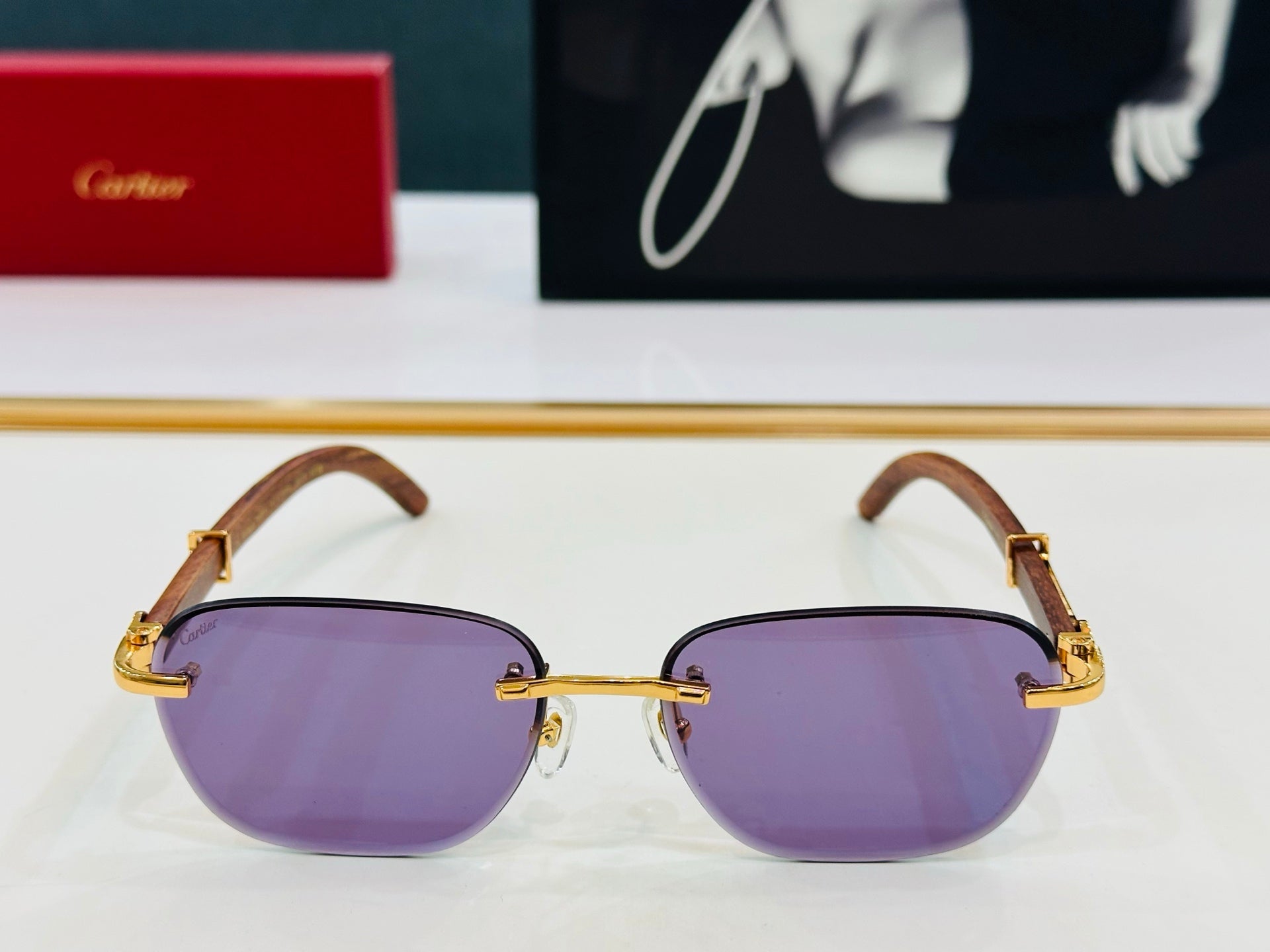CARTIER RIMLESS SQUARE FRAME SUNGLASSES CT0605S IN METAL AND WOODEN