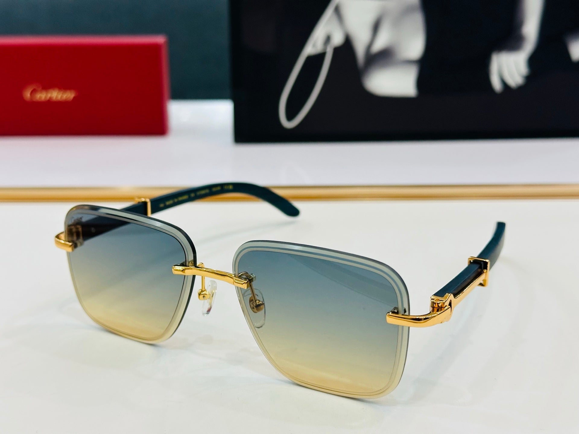 CARTIER RIMLESS RECTANGULAR FRAME SUNGLASSES CT0607S IN METAL AND WOODEN