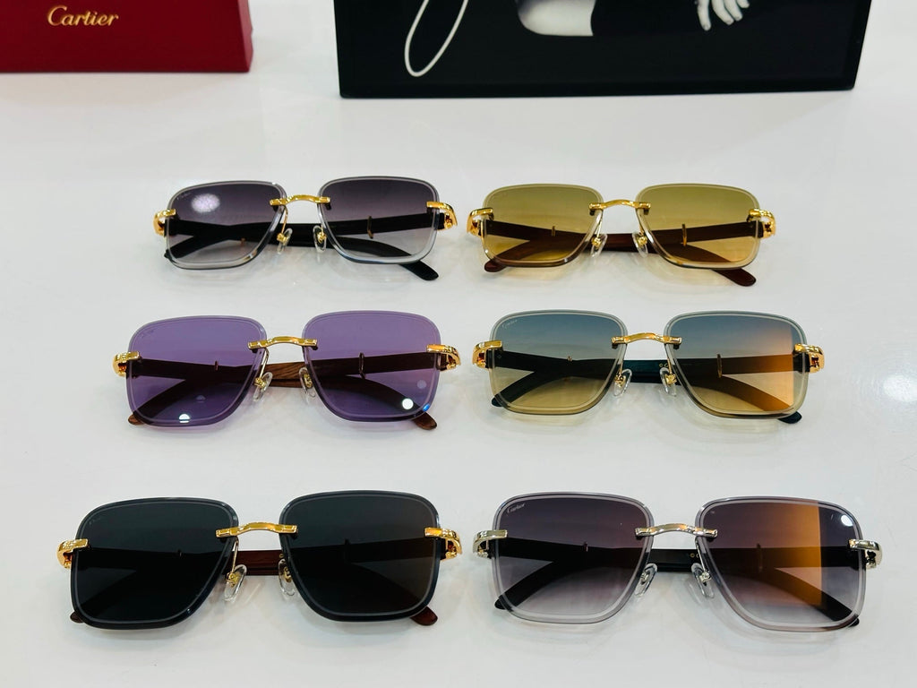CARTIER RIMLESS RECTANGULAR FRAME SUNGLASSES CT0607S IN METAL AND WOODEN