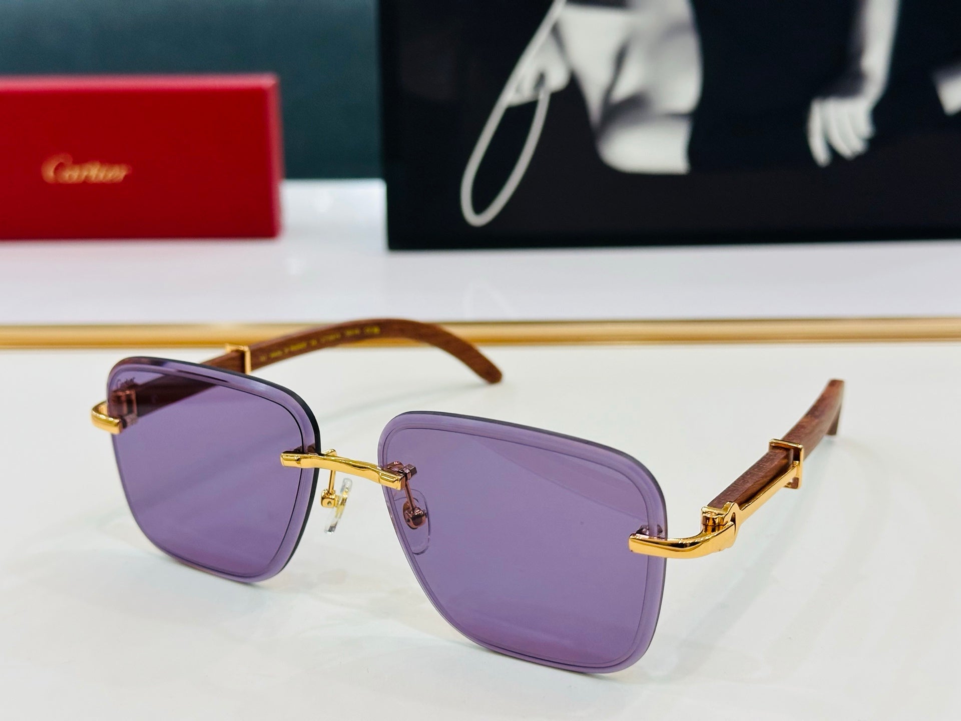 CARTIER RIMLESS RECTANGULAR FRAME SUNGLASSES CT0607S IN METAL AND WOODEN