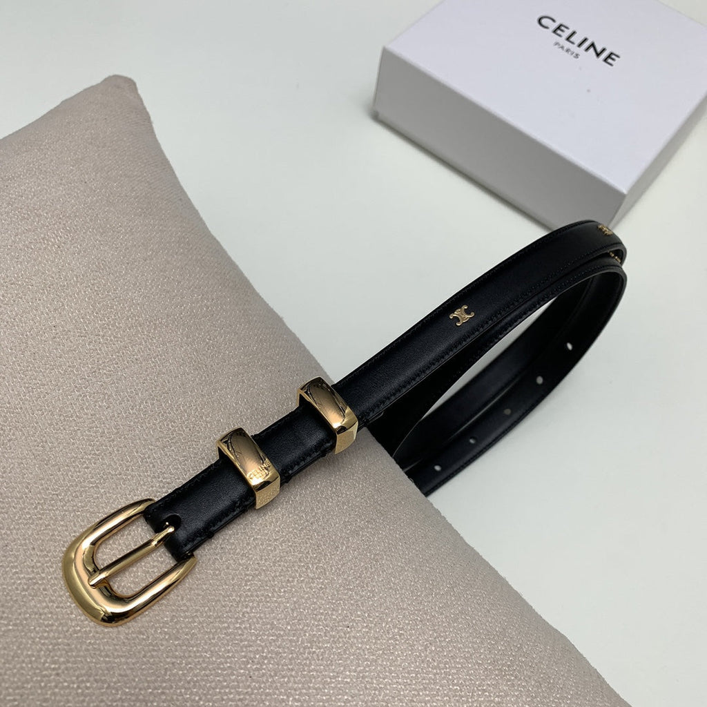CELINE CL MINI 18 MM WESTERN BELT IN BLACK CALFSKIN GOLD HARDWARE