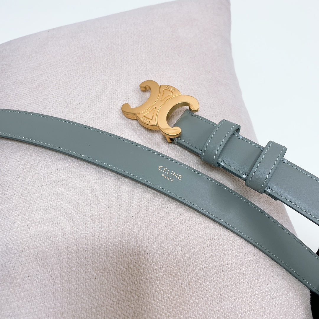 CELINE CL MEDIUM 25 MM TRIOMPHE BELT IN GRAY GREEN LEATHER GOLD HARDWARE