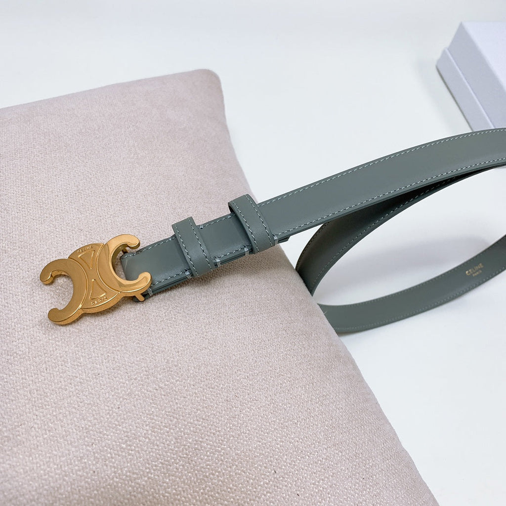 CELINE CL MEDIUM 25 MM TRIOMPHE BELT IN GRAY GREEN LEATHER GOLD HARDWARE