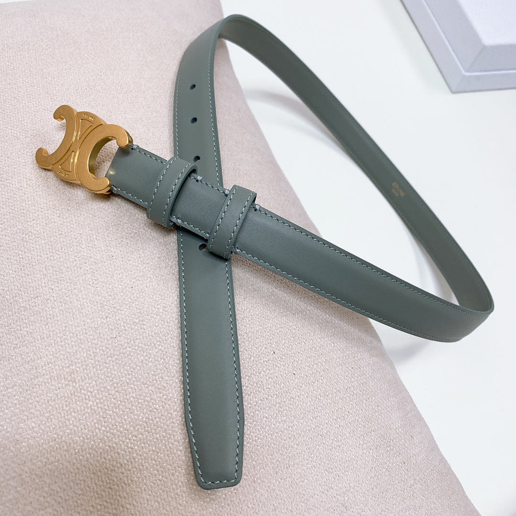 CELINE CL MEDIUM 25 MM TRIOMPHE BELT IN GRAY GREEN LEATHER GOLD HARDWARE