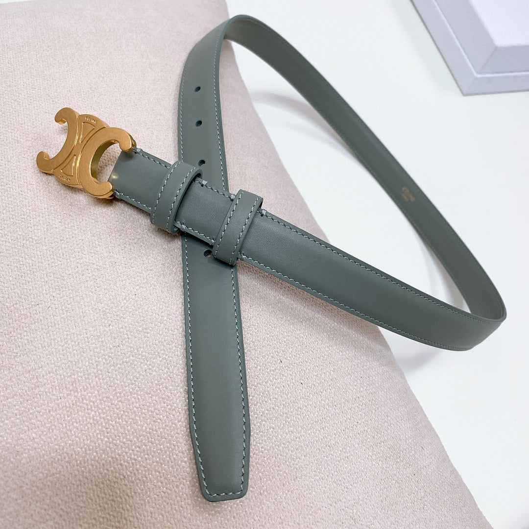 CELINE CL MEDIUM 25 MM TRIOMPHE BELT IN GRAY GREEN LEATHER GOLD HARDWARE