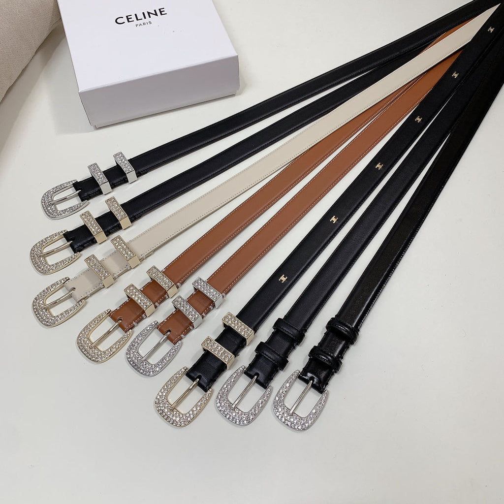CELINE CL 25 MM MARCO BELT WITH STRASS IN BLACK CALFSKIN SILVER HARDWARE