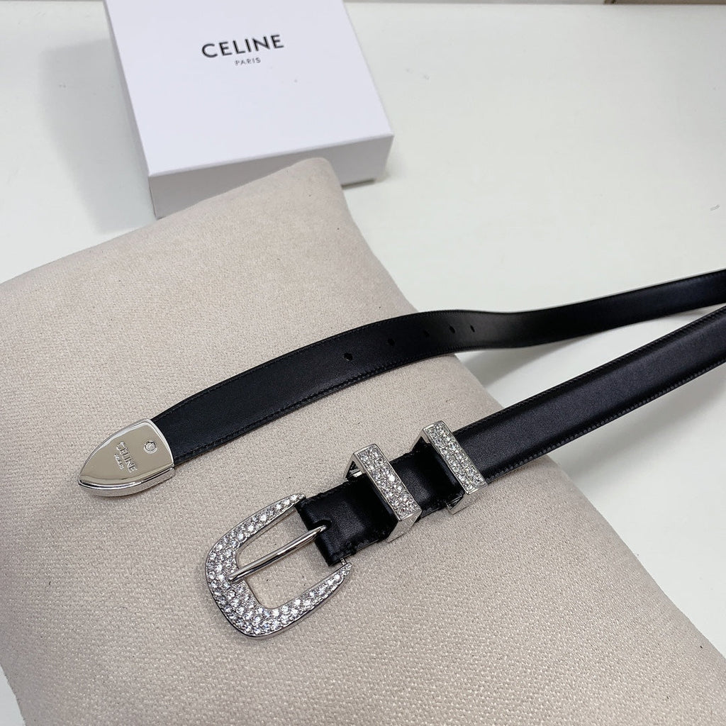 CELINE CL 25 MM MARCO BELT WITH STRASS IN BLACK CALFSKIN SILVER HARDWARE