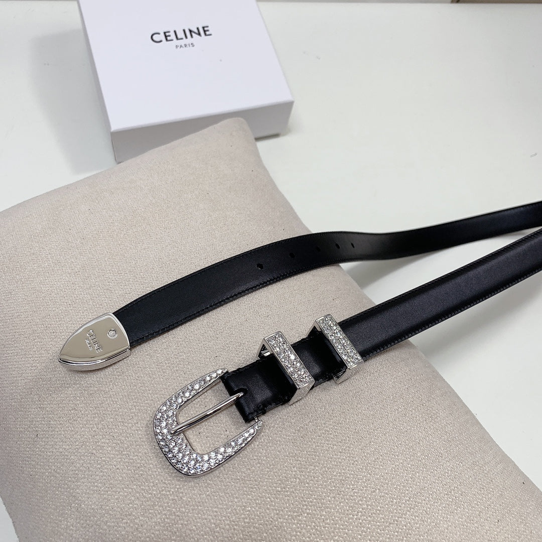 CELINE CL 25 MM MARCO BELT WITH STRASS IN BLACK CALFSKIN SILVER HARDWARE