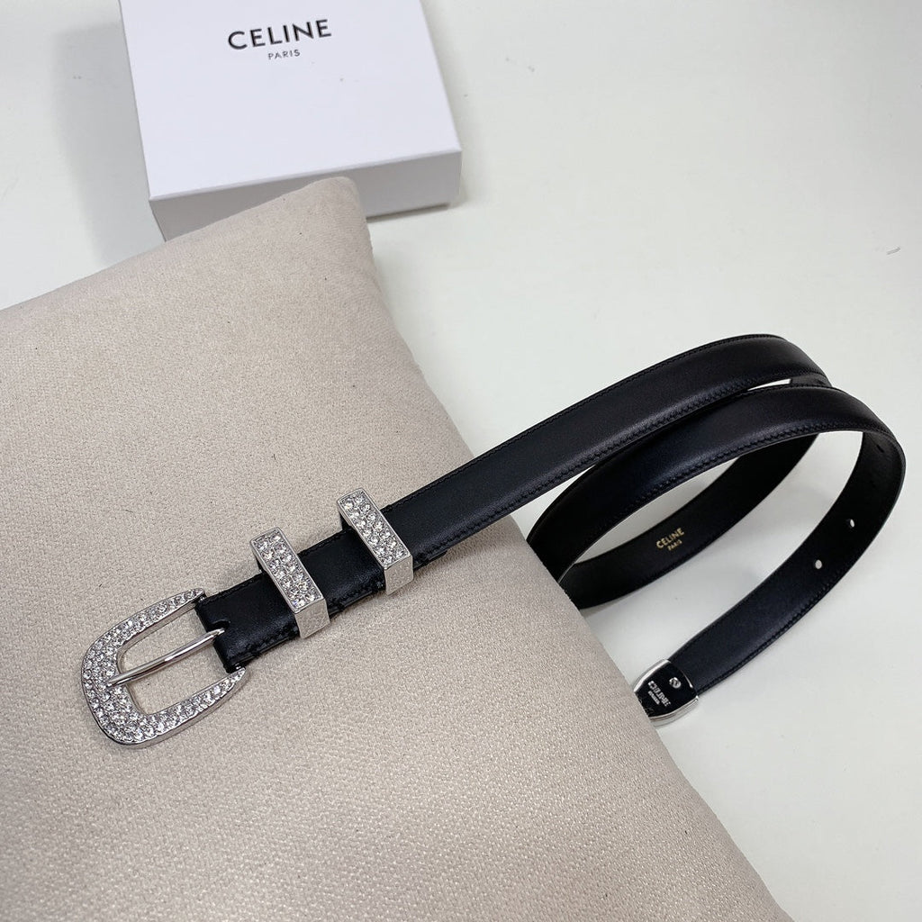 CELINE CL 25 MM MARCO BELT WITH STRASS IN BLACK CALFSKIN SILVER HARDWARE