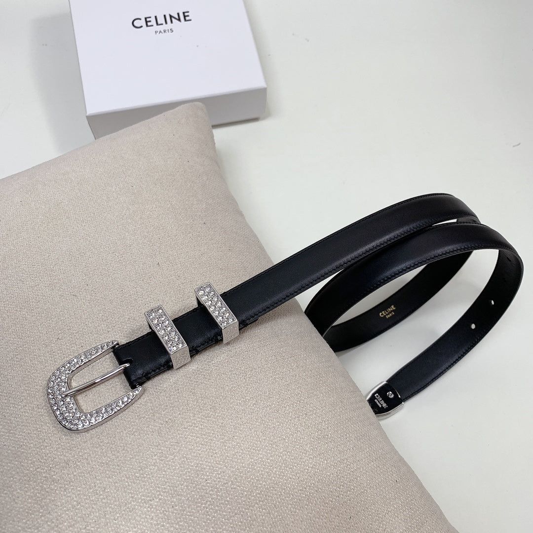 CELINE CL 25 MM MARCO BELT WITH STRASS IN BLACK CALFSKIN SILVER HARDWARE