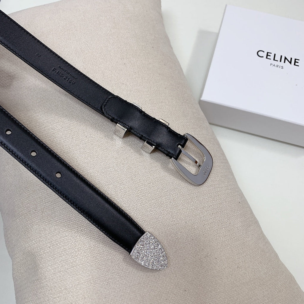 CELINE CL 25 MM MARCO BELT WITH STRASS IN BLACK CALFSKIN SILVER HARDWARE