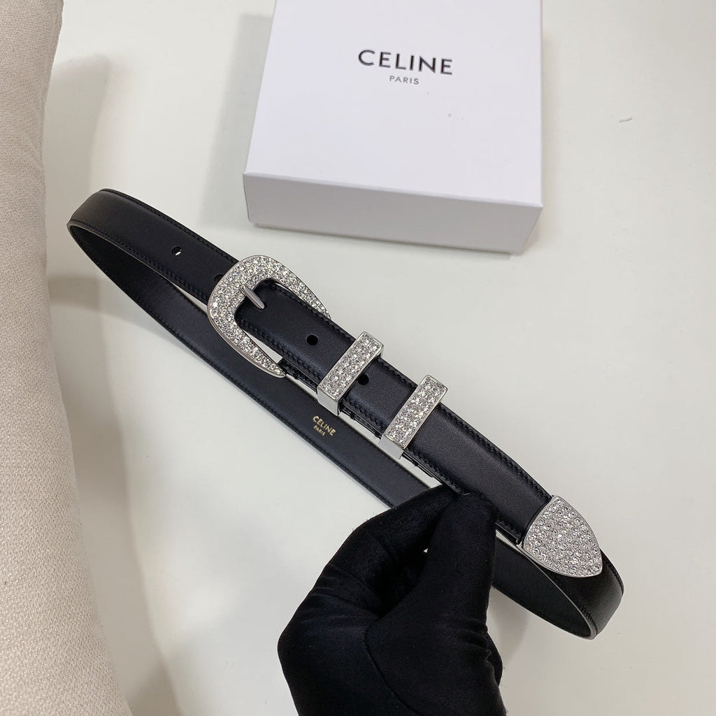 CELINE CL 25 MM MARCO BELT WITH STRASS IN BLACK CALFSKIN SILVER HARDWARE