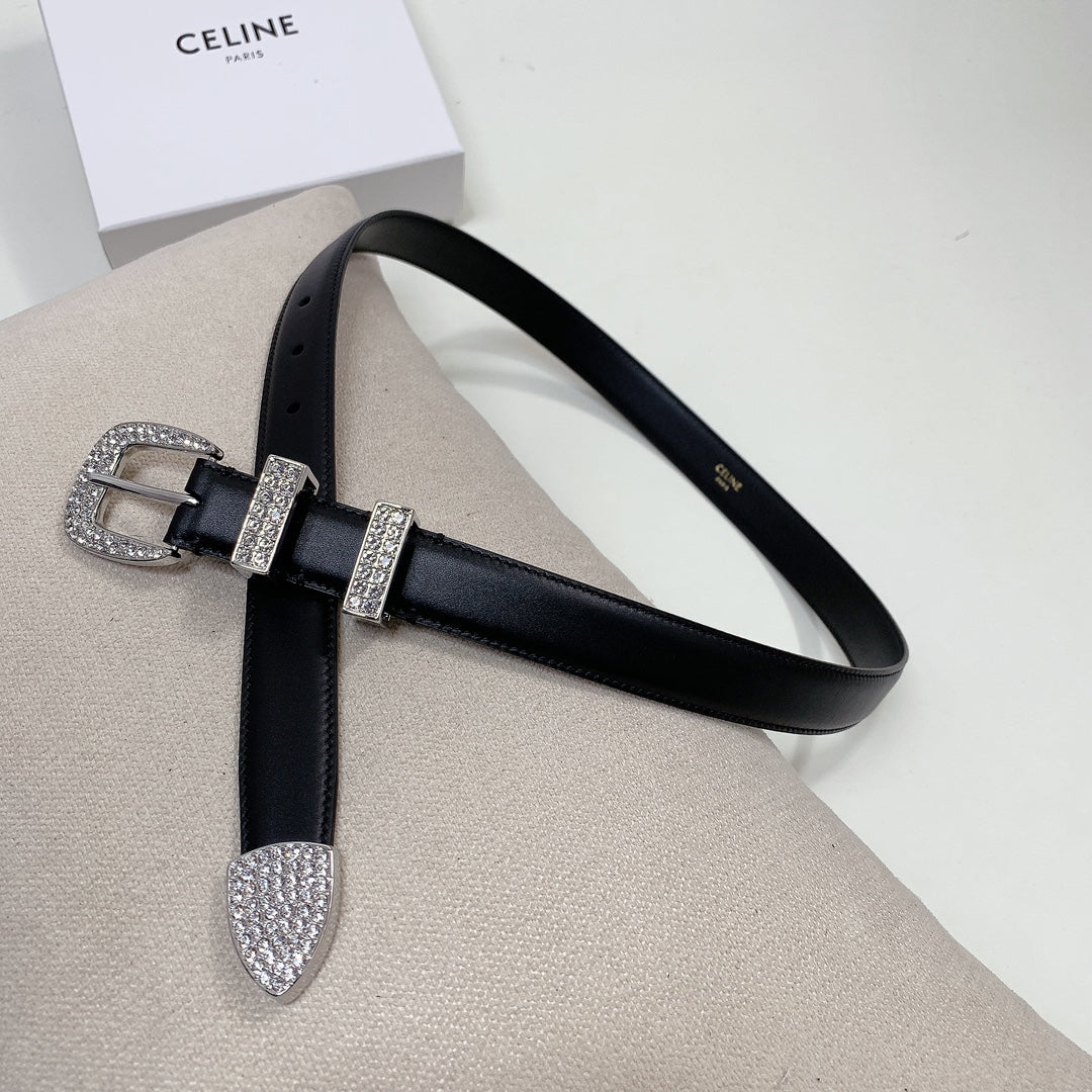 CELINE CL 25 MM MARCO BELT WITH STRASS IN BLACK CALFSKIN SILVER HARDWARE