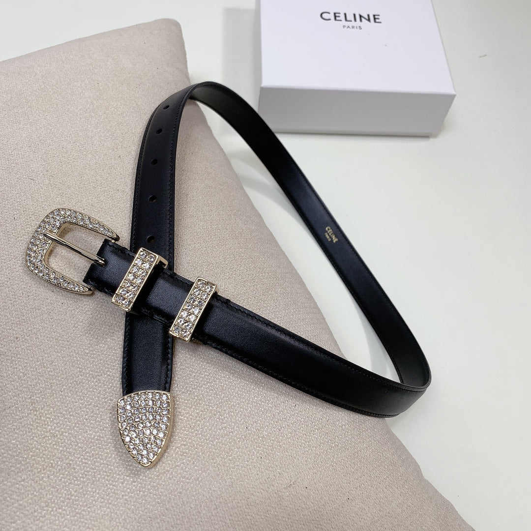 CELINE CL 25 MM MARCO BELT WITH STRASS IN BLACK CALFSKIN GOLD HARDWARE