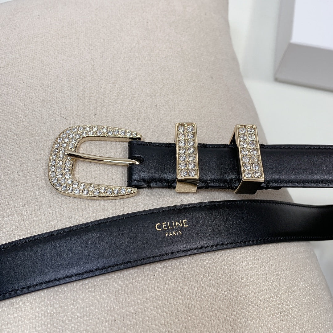 CELINE CL 25 MM MARCO BELT WITH STRASS IN BLACK CALFSKIN GOLD HARDWARE
