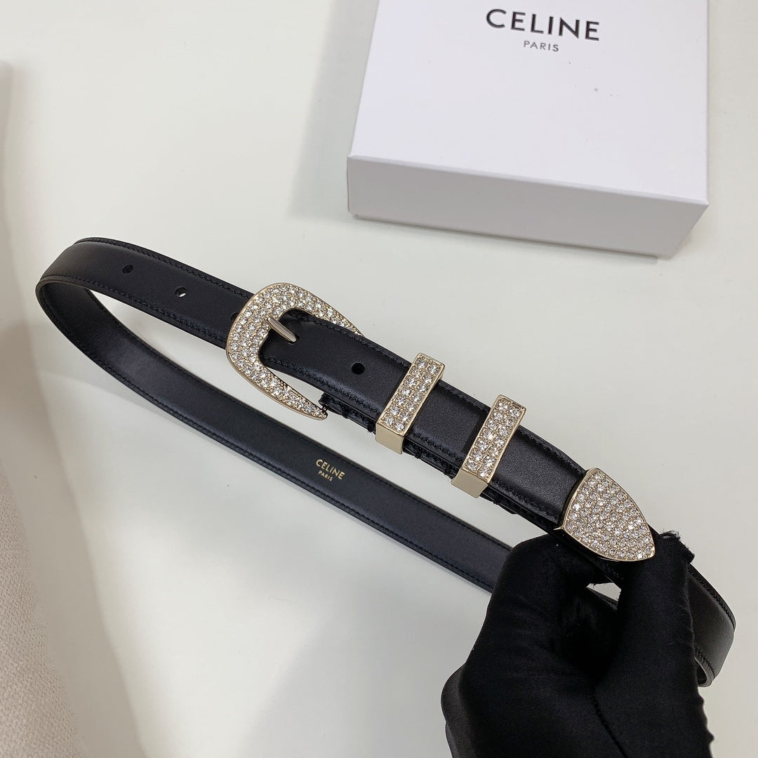 CELINE CL 25 MM MARCO BELT WITH STRASS IN BLACK CALFSKIN GOLD HARDWARE