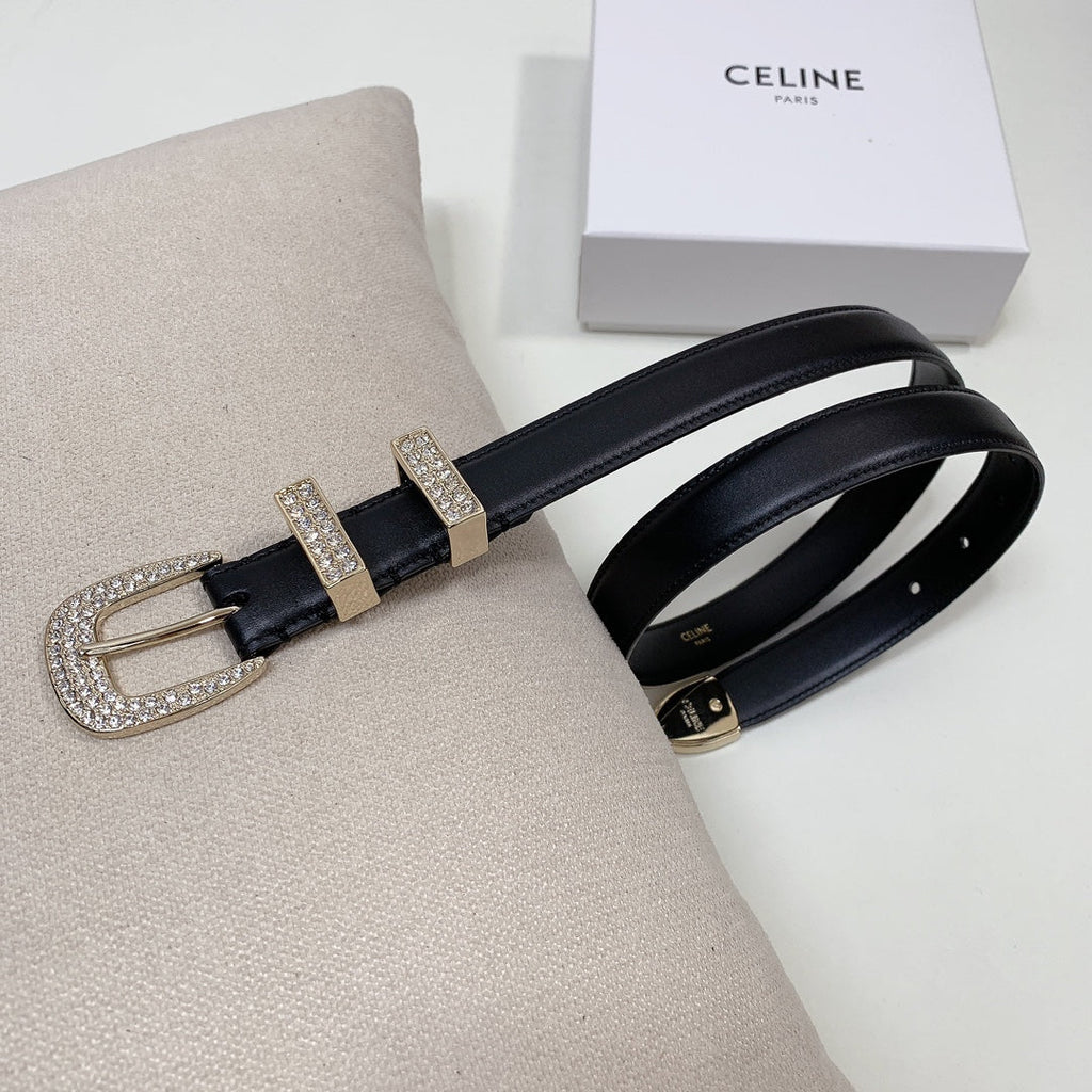 CELINE CL 25 MM MARCO BELT WITH STRASS IN BLACK CALFSKIN GOLD HARDWARE