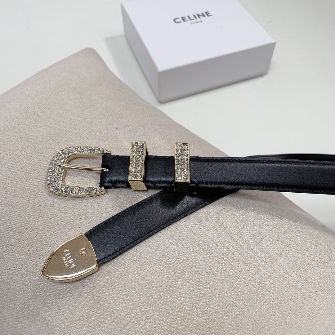 CELINE CL 25 MM MARCO BELT WITH STRASS IN BLACK CALFSKIN GOLD HARDWARE