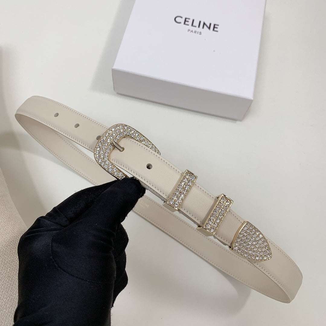 CELINE CL 25 MM MARCO BELT WITH STRASS IN WHTE CALFSKIN GOLD HARDWARE