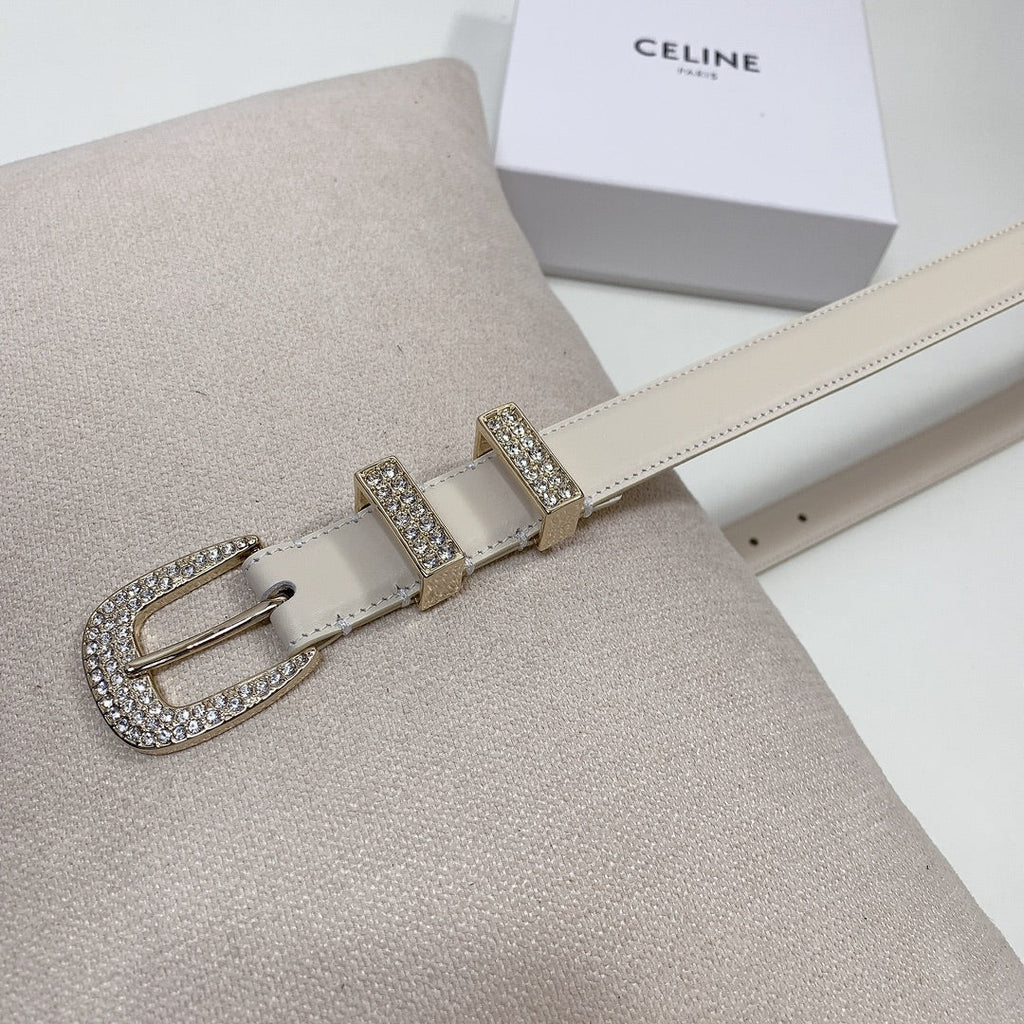 CELINE CL 25 MM MARCO BELT WITH STRASS IN WHTE CALFSKIN GOLD HARDWARE