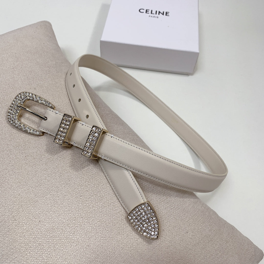 CELINE CL 25 MM MARCO BELT WITH STRASS IN WHTE CALFSKIN GOLD HARDWARE