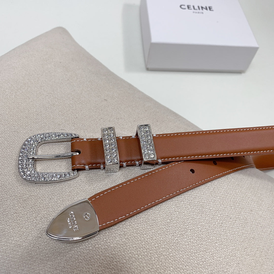 CELINE CL 25 MM MARCO BELT WITH STRASS IN BRONZE BROWN CALFSKIN SILVER HARDWARE