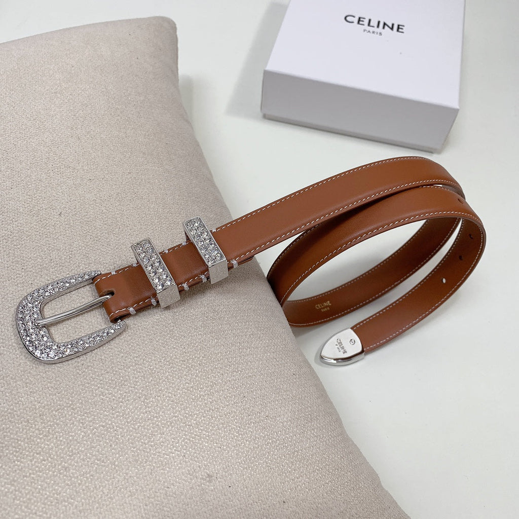 CELINE CL 25 MM MARCO BELT WITH STRASS IN BRONZE BROWN CALFSKIN SILVER HARDWARE