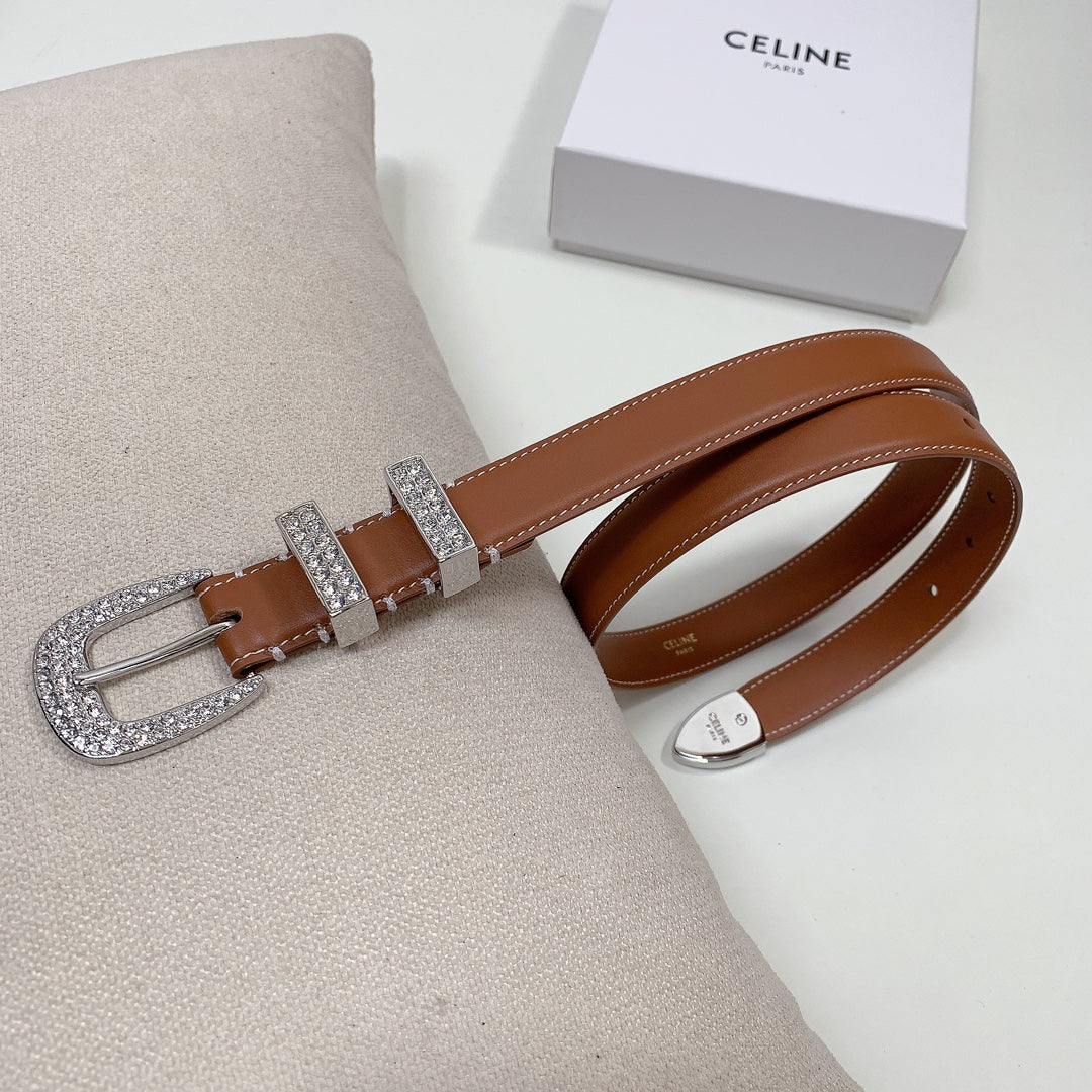 CELINE CL 25 MM MARCO BELT WITH STRASS IN BRONZE BROWN CALFSKIN SILVER HARDWARE