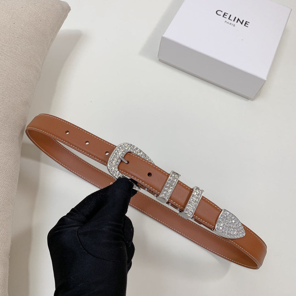 CELINE CL 25 MM MARCO BELT WITH STRASS IN BRONZE BROWN CALFSKIN SILVER HARDWARE